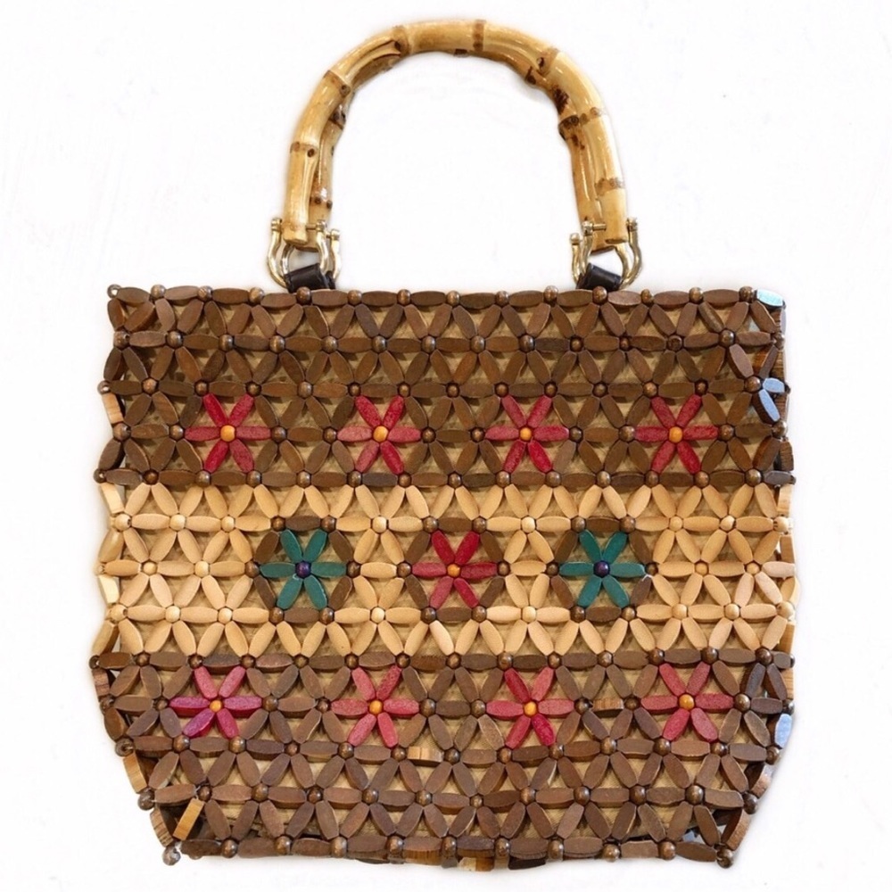 Vintage Wooden Beaded Floral Handbag with Bamboo Handles Tan Brown